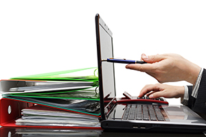 auditor pointing with pen on laptop screen, showing financial in
